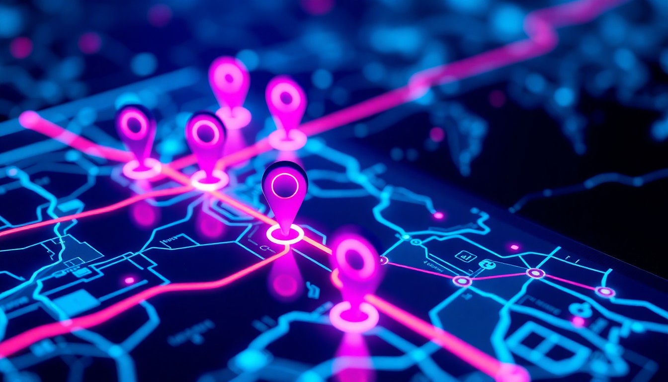 A highly detailed, glowing 3D illustration of a digital map interface with location pins and event markers illuminated by vibrant neon lights, conceptually representing Foldin's mission to connect the online and offline worlds.
