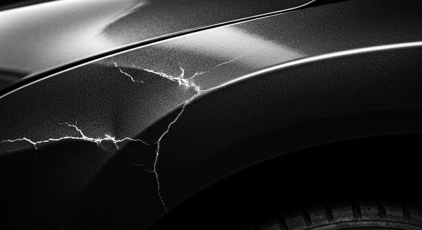 An extreme close-up photograph of the pebbled, crumpled surface of a damaged car fender, conveying the physical impact and aftermath of a collision through dramatic lighting and texture.