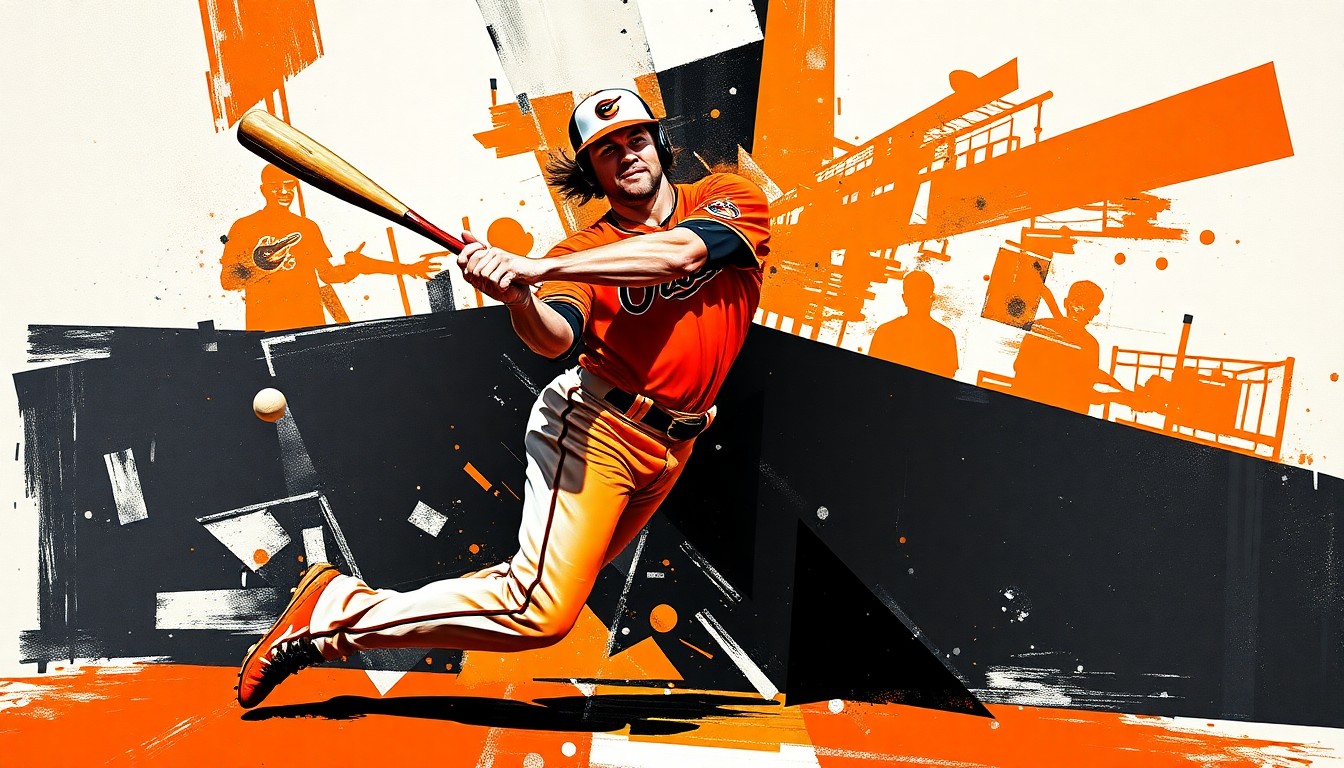 A fragmented, geometric painting depicting an infielder in motion, with sharp planes of Orioles orange, black, and white colors representing the dynamic energy of Jeremiah Jackson's breakout season.