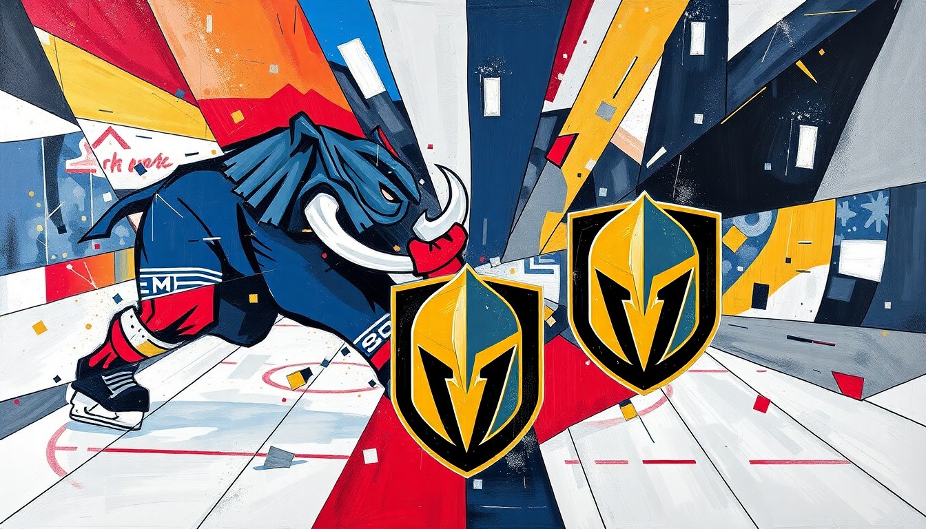 A fractured, cubist-style painting depicting a hockey game between the Utah Mammoth and Vegas Golden Knights, with the players and action broken down into sharp, overlapping geometric shapes and planes in the teams' respective color palettes.