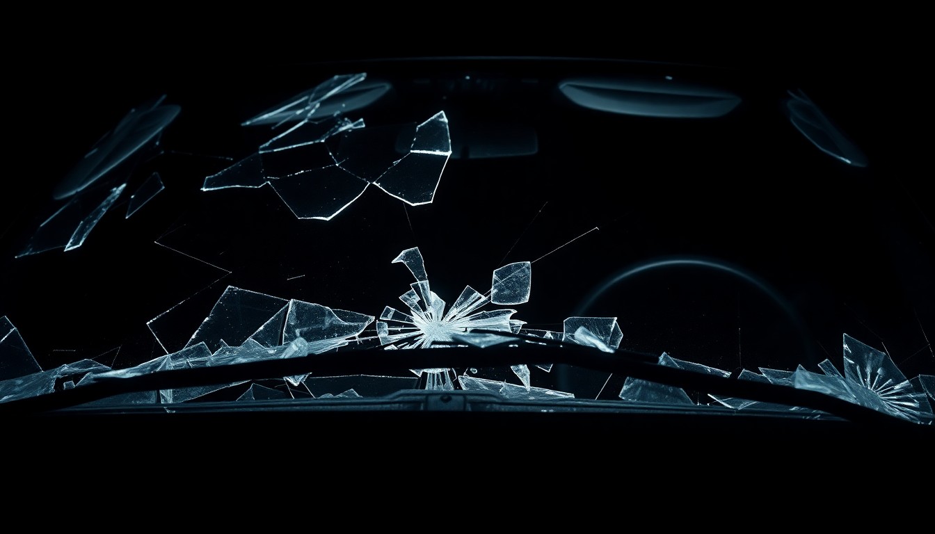 An extreme close-up photograph of a shattered car windshield, lit by a harsh, direct camera flash against a pitch-black background, conceptually illustrating the grim aftermath of a fatal traffic accident.