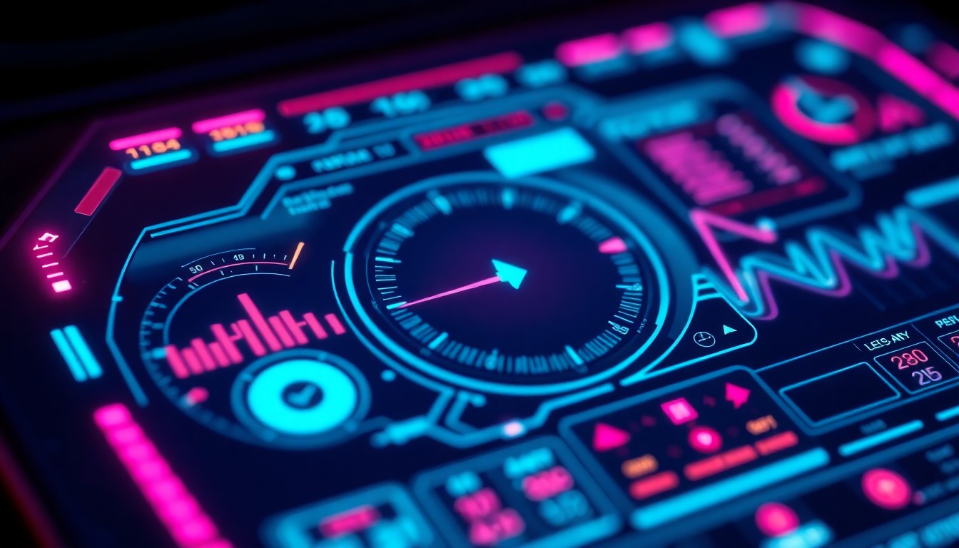 A highly detailed, glowing 3D macro illustration of a futuristic flight tracking dashboard, with neon cyan and magenta lights illuminating the various data points and interface elements. The dashboard feels like a tangible, high-tech piece of cybernetic hardware, representing the advanced technology behind modern flight tracking apps.