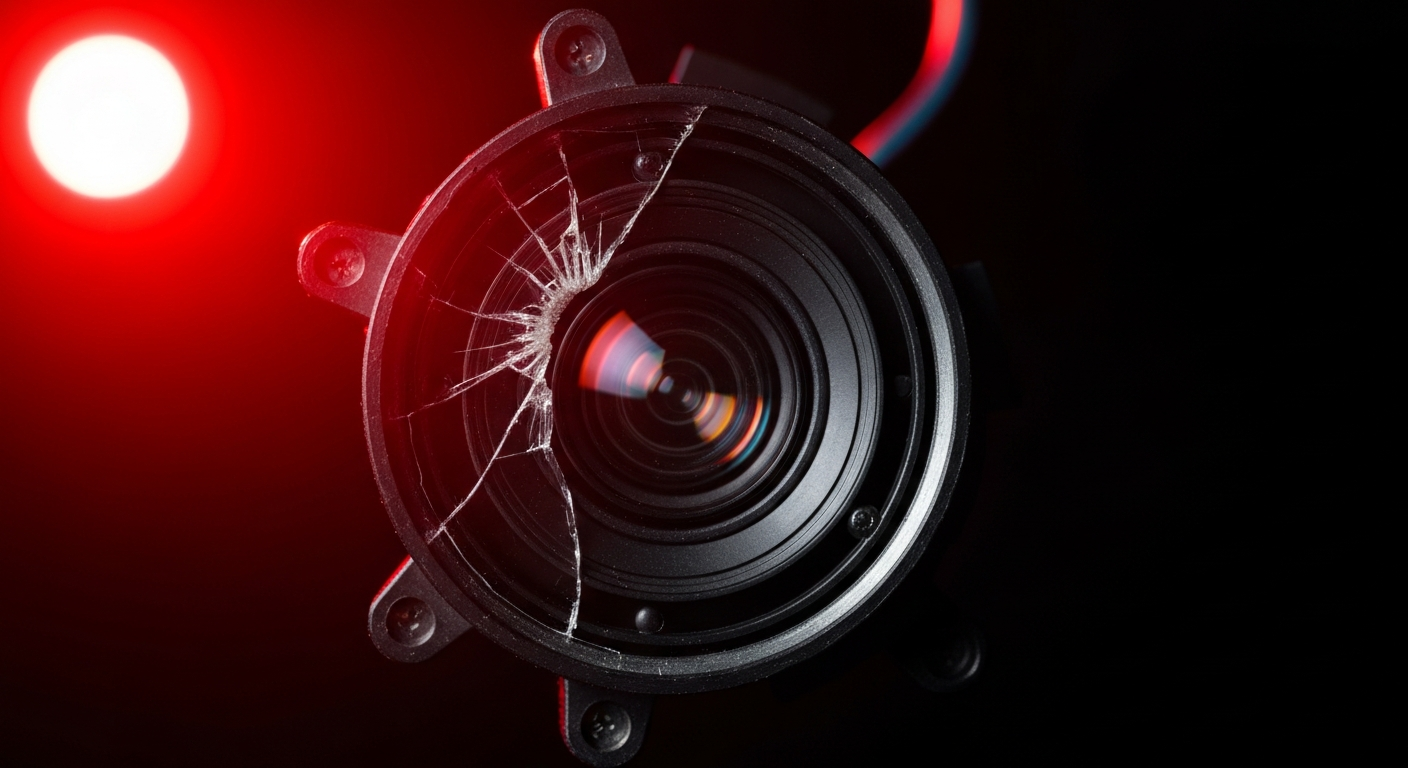 An extreme close-up of a shattered car sensor lens reflecting a faint red light, conceptually illustrating the vandalism of self-driving cars.