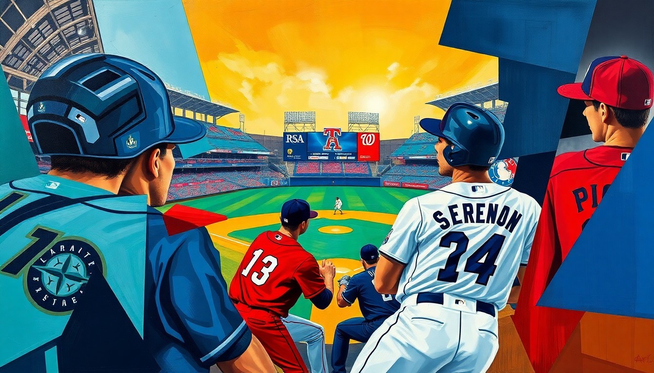 A fractured, multi-perspective painting featuring sharp, overlapping geometric planes in the colors of the Mariners and Rangers uniforms, capturing the tension and energy of a close baseball game.