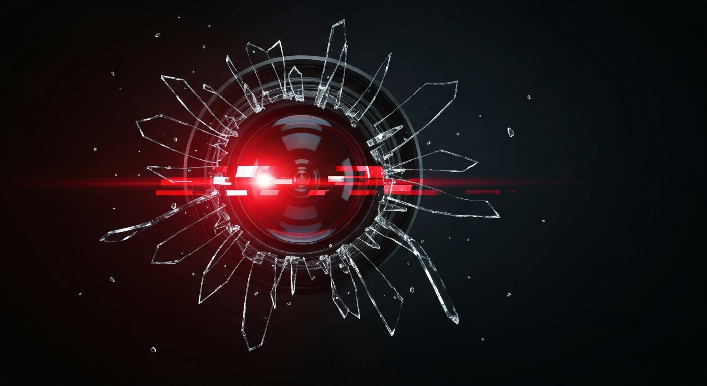 An extreme close-up of a shattered car sensor lens reflecting a faint red light, conceptually illustrating the vandalism of self-driving cars.
