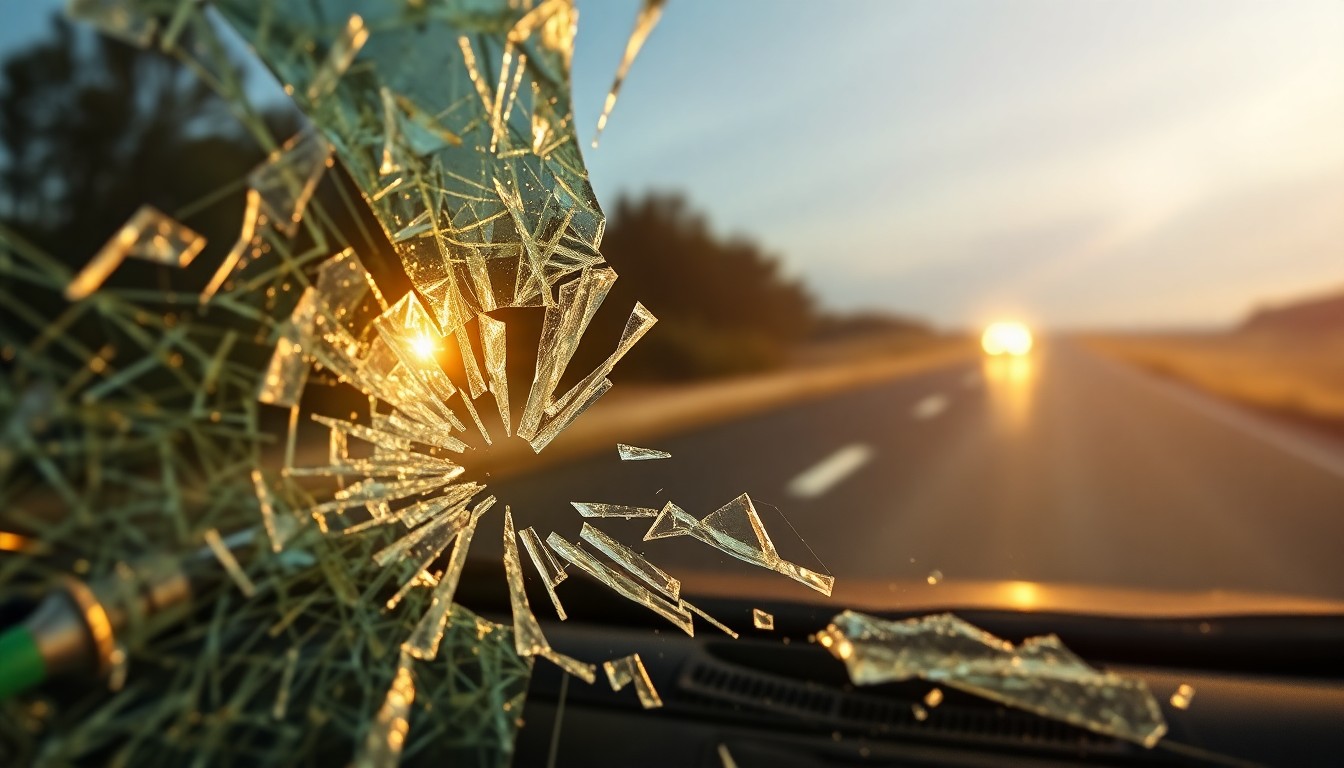 An extreme close-up photograph of a shattered car windshield reflecting the harsh light of a camera flash, conceptually illustrating the violent impact of a head-on collision on a rural highway.