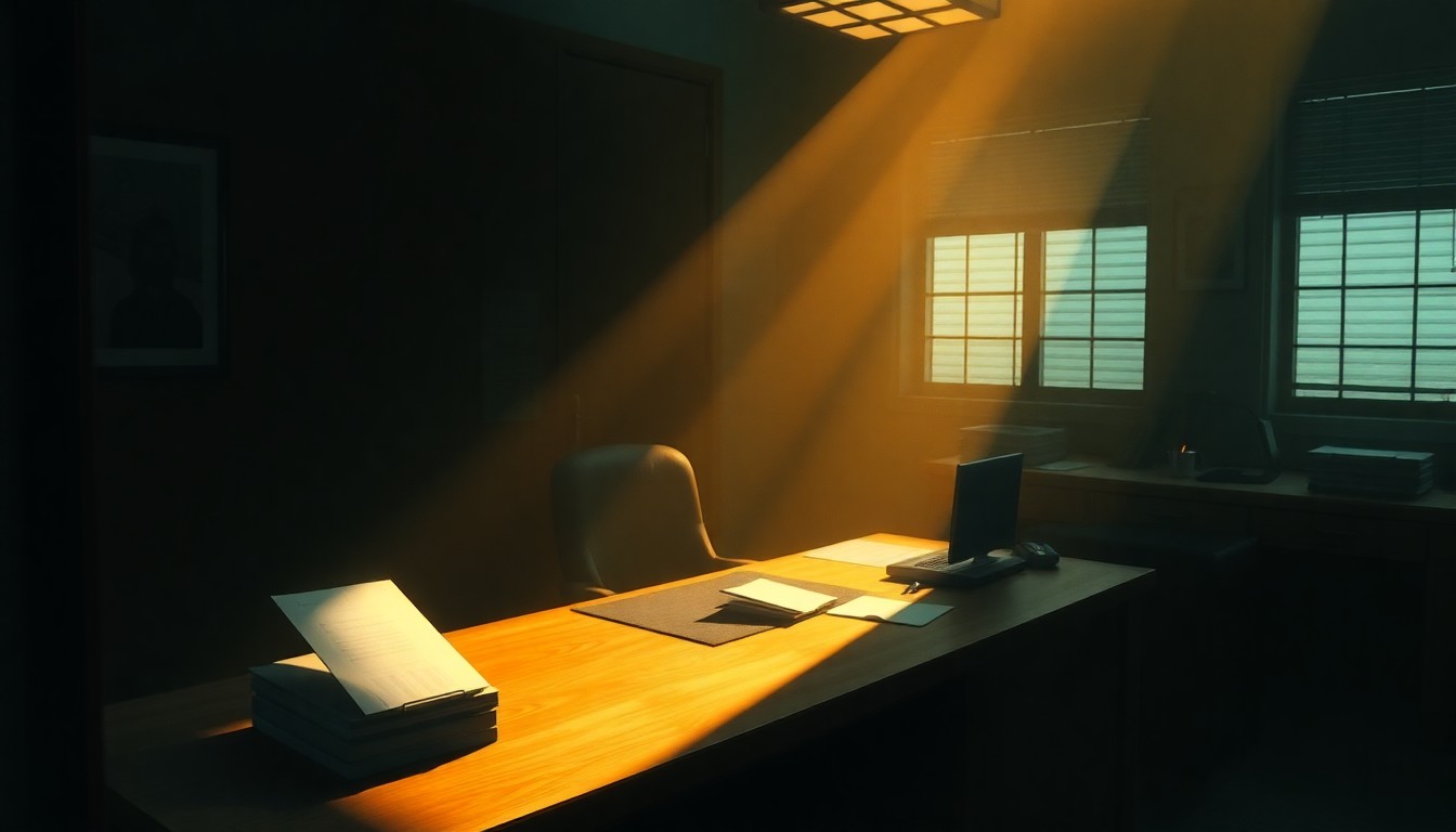A dimly lit, cinematic painting of a desk with a lone nameplate and a few scattered papers, bathed in warm, golden light and deep shadows, conveying a sense of quiet contemplation and the weight of responsibility in federal law enforcement.