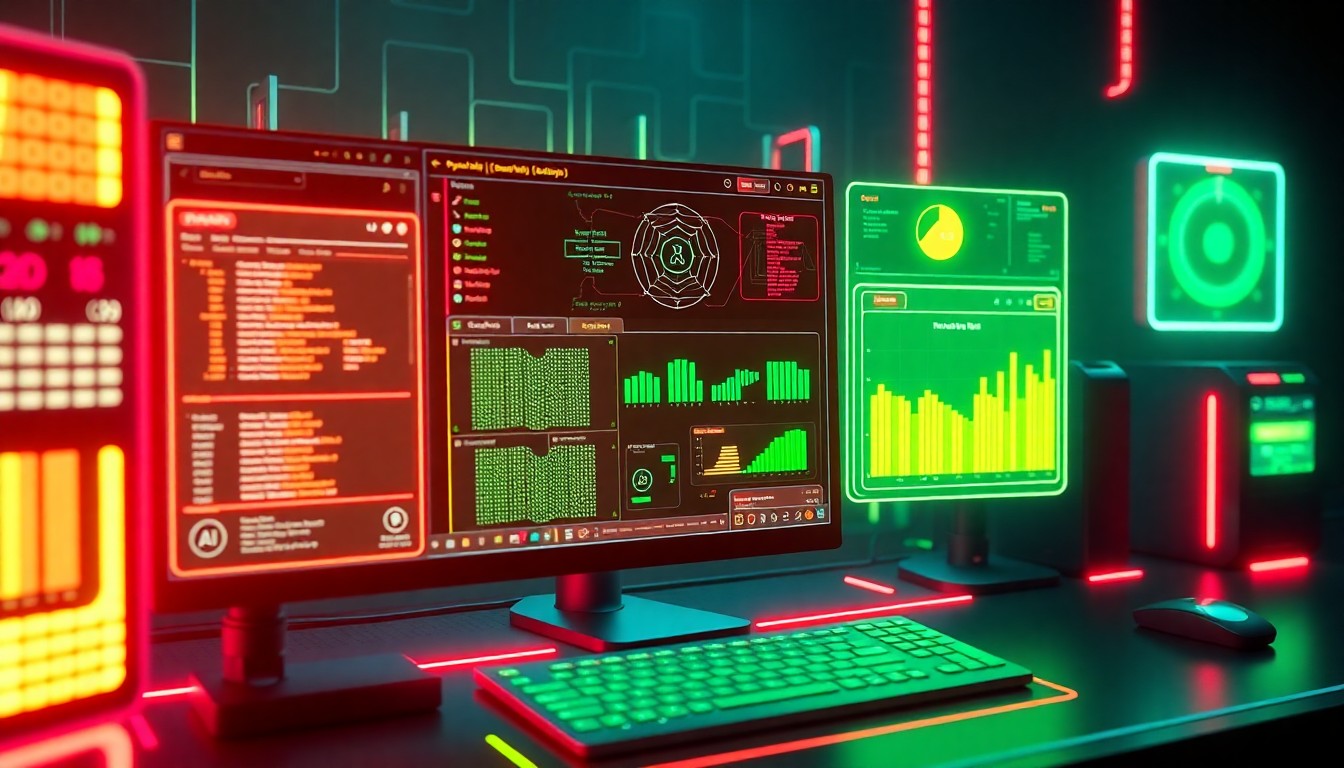 A highly detailed, glowing 3D illustration of a futuristic desktop computer interface, with various neon-lit windows and panels representing the integrated AI-powered applications of an advanced productivity platform. The interface feels both tangible and digital, with a sense of depth and complexity.