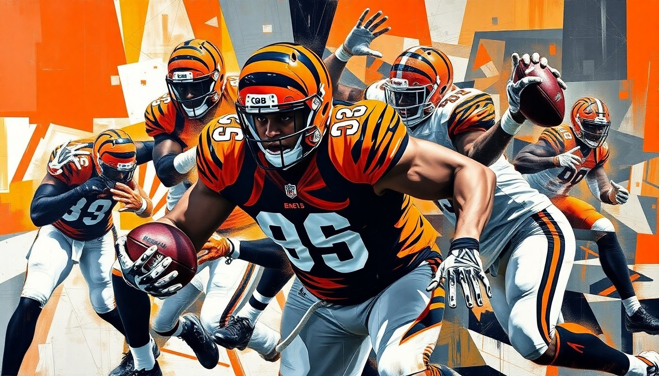 A fractured, cubist-style painting depicting a defensive lineman's explosive pass rush, with sharp geometric planes in the Bengals' colors of orange, black, and white.