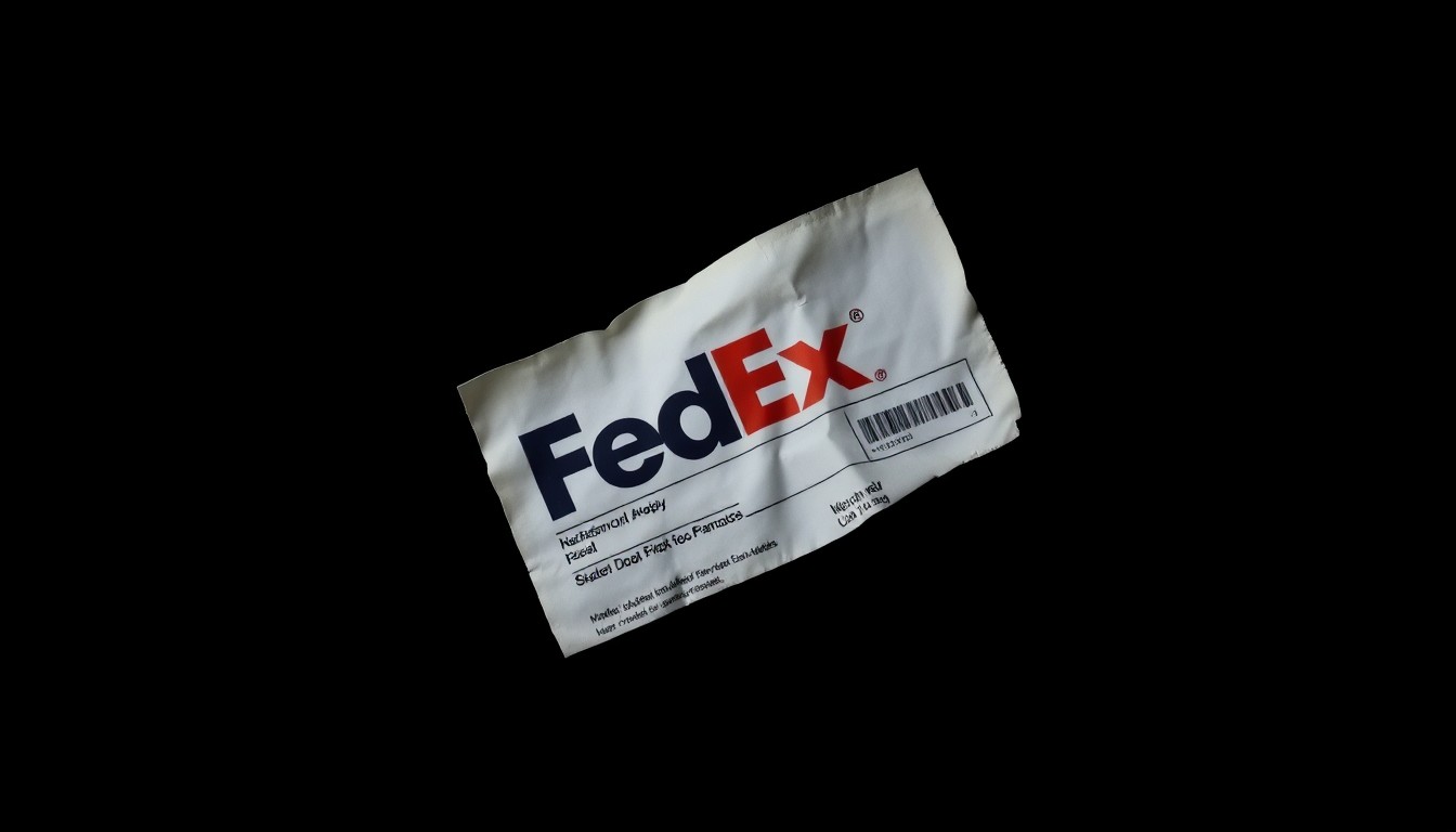 An extreme close-up photograph of a crumpled FedEx delivery label, the surface textured and partially obscured, conveying a sense of violence and darkness without depicting any literal crime scene elements.