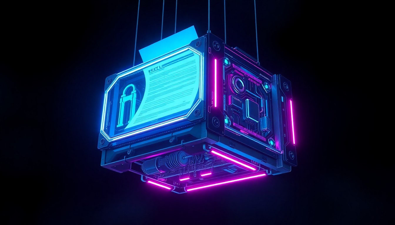 A highly detailed, glowing 3D illustration of a futuristic legal document generator, with intricate hardware and circuitry illuminated by neon cyan and magenta lights, suspended in a dark, atmospheric environment, conceptually representing the complex intersection of technology and the justice system.