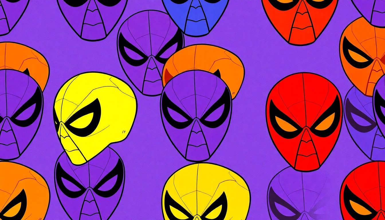 A brightly colored, high-contrast silkscreen print of a Spider-Man mask repeated in a tight grid pattern, conceptually representing the iconic superhero imagery that PSESuper Heroes use to uplift children in need.