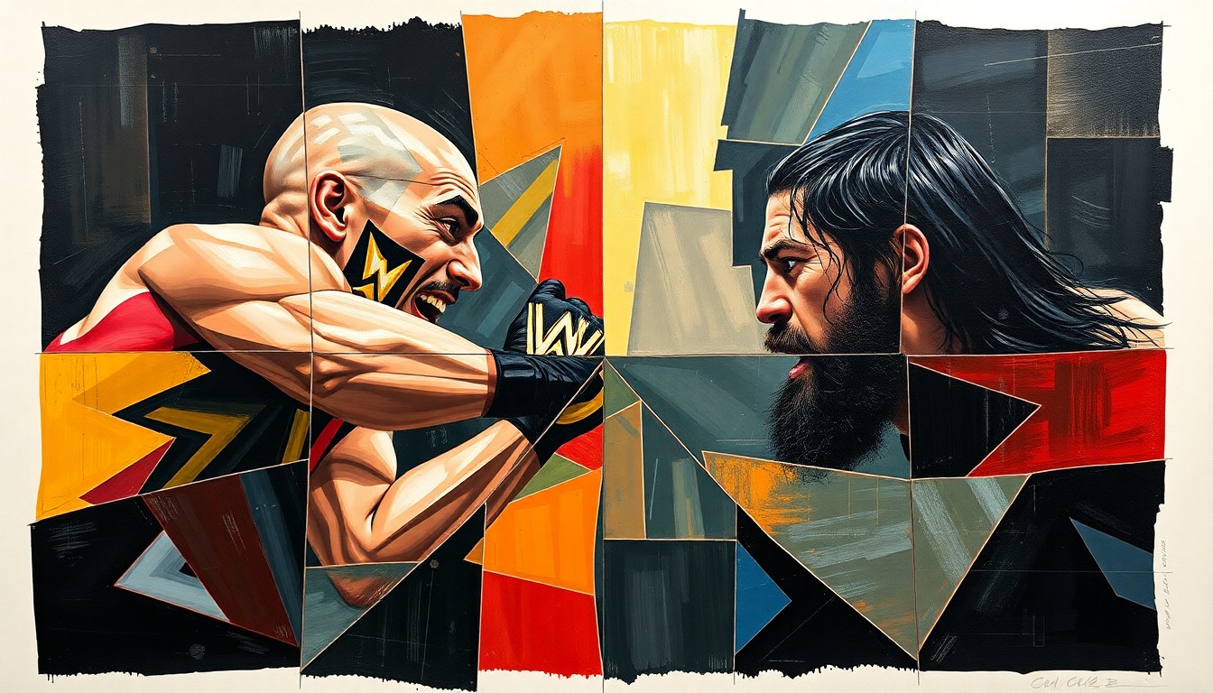A conceptual illustration in the cubist style, featuring overlapping geometric shapes and planes that abstractly represent the intense action and drama of the Cody Rhodes vs. Seth Rollins match.