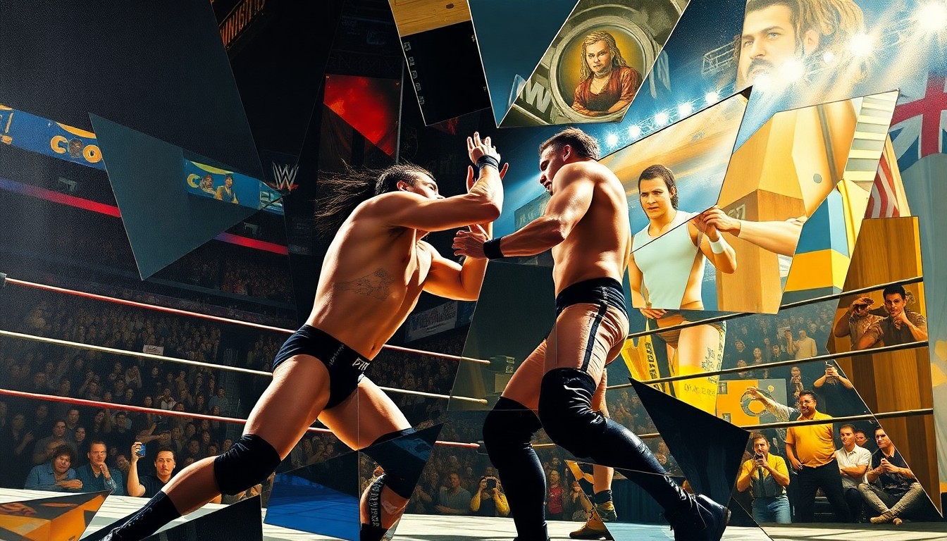 A fractured, multi-perspective painting in the style of Pablo Picasso, breaking down the Cody Rhodes vs. Seth Rollins match at WrestleMania 38 into sharp, overlapping geometric planes that capture the intensity, physicality, and dramatic moments of the contest.