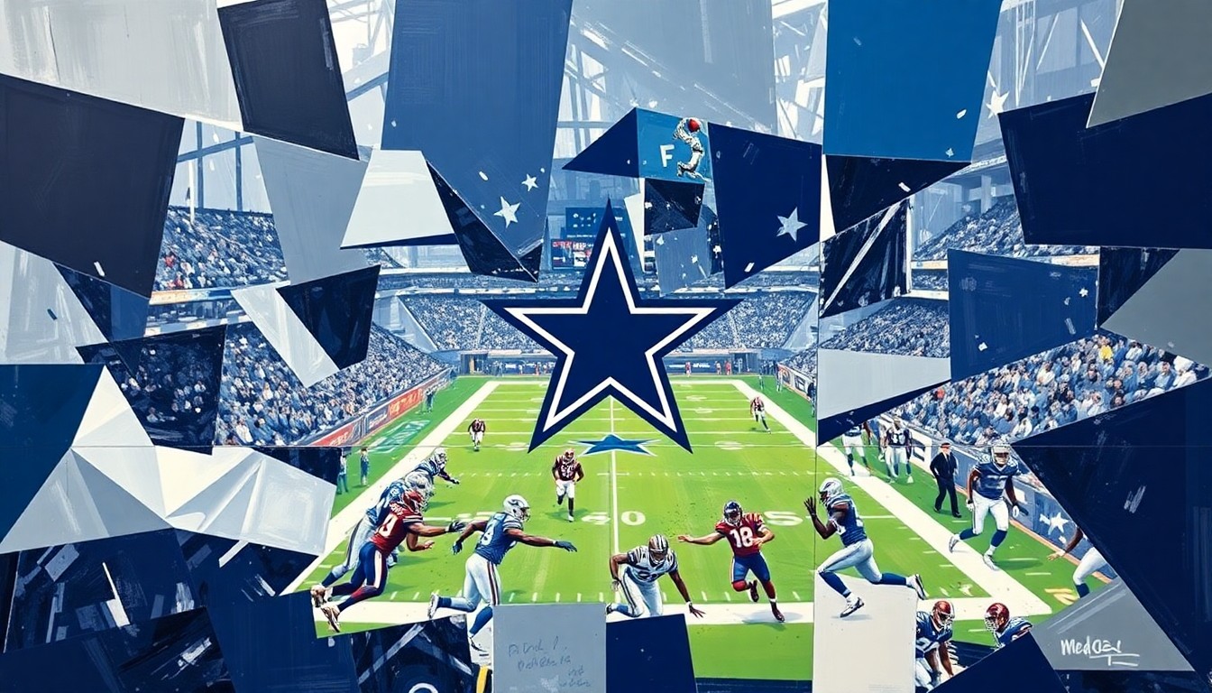 A fragmented, geometric painting depicting an NFL draft scene, with sharp, overlapping planes of navy blue, silver, and white representing the Dallas Cowboys and their focus on defense.