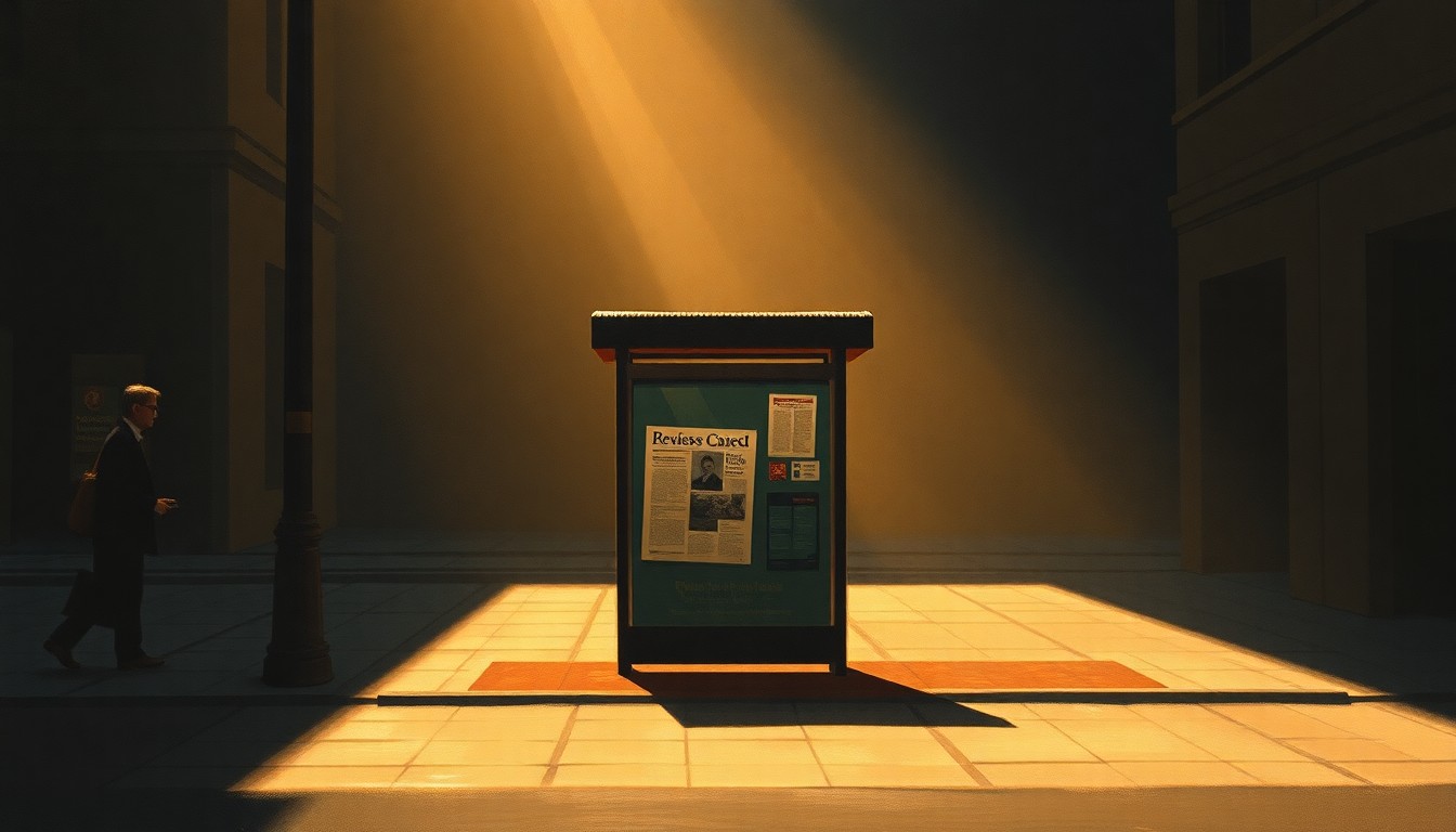 A serene, nostalgic painting of a lone newspaper stand on a city street, with warm sunlight and deep shadows creating a contemplative mood around the simple, iconic structure.