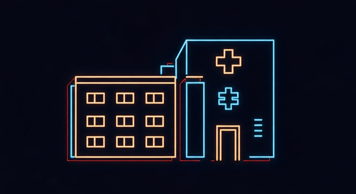 A vibrant neon outline of a hospital building or medical equipment, glowing against a dark background and emphasizing the structure and shape of the health-related subject.