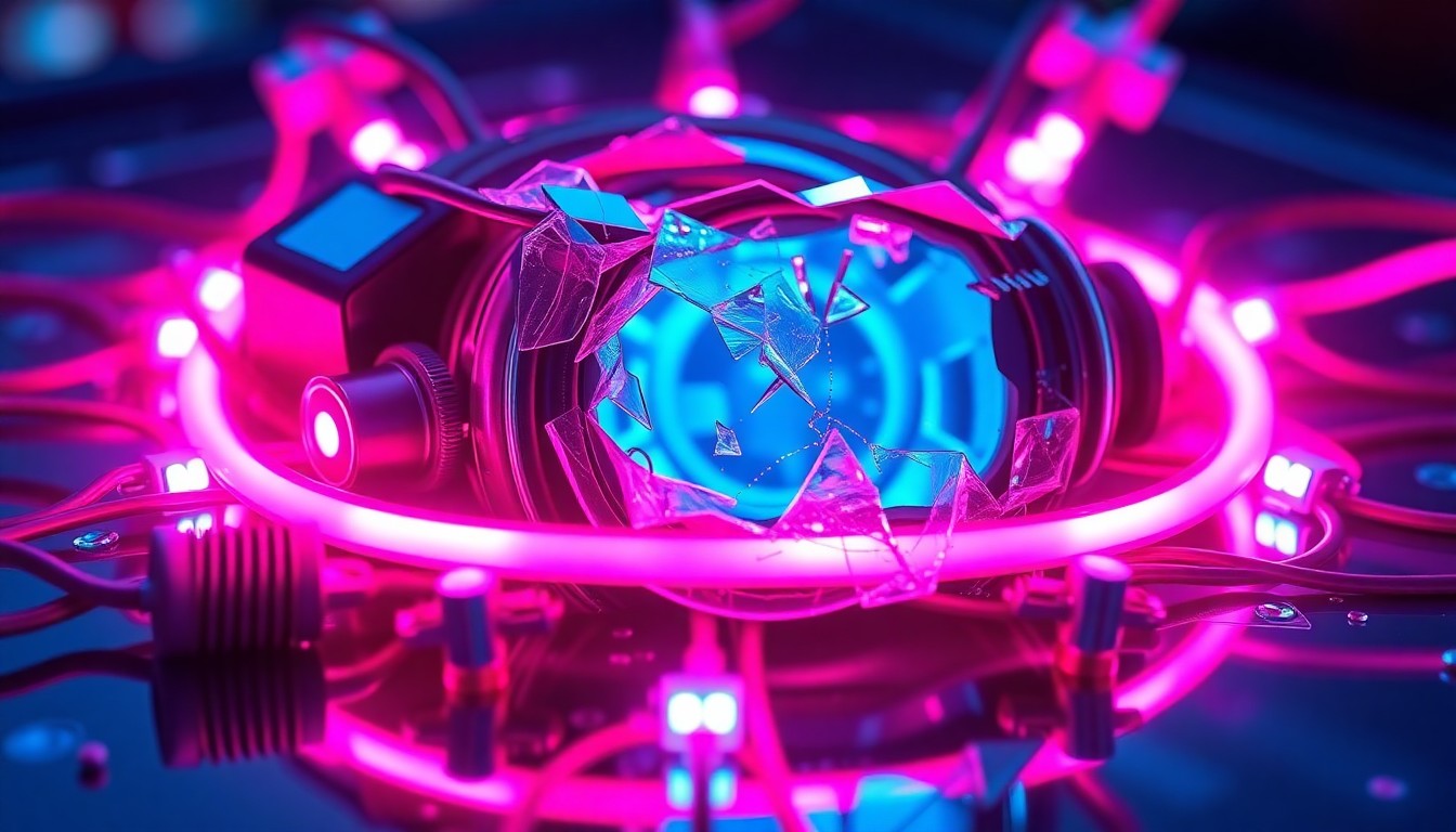 A highly detailed, glowing 3D macro illustration of a damaged Waymo autonomous vehicle sensor array, with neon cyan and magenta lights illuminating the fractured glass and twisted metal components, conceptually representing the vandalism of self-driving cars.