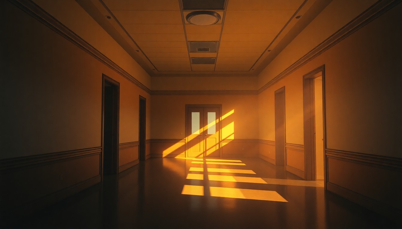 A dimly lit, cinematic painting of an empty government office hallway, with warm sunlight streaming in through the windows and long shadows cast across the floor, conveying a sense of uncertainty and melancholy about the state of federal law enforcement.