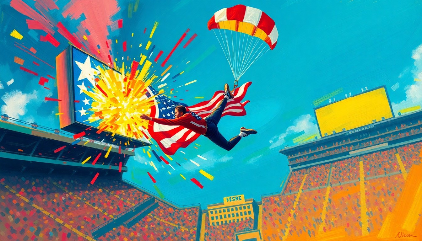 An abstract, energetic painting in neon colors depicting a skydiver crashing into a stadium scoreboard, with the parachute and American flag billowing dramatically against the backdrop of the damaged display.