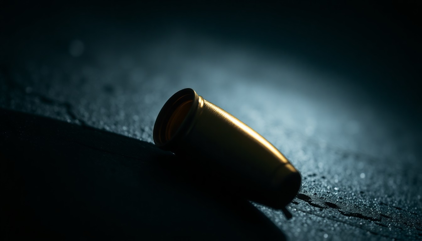 An extreme close-up photograph of a spent shell casing on a dark, textured surface, lit by a harsh, direct camera flash, conceptually representing the aftermath of a violent crime.