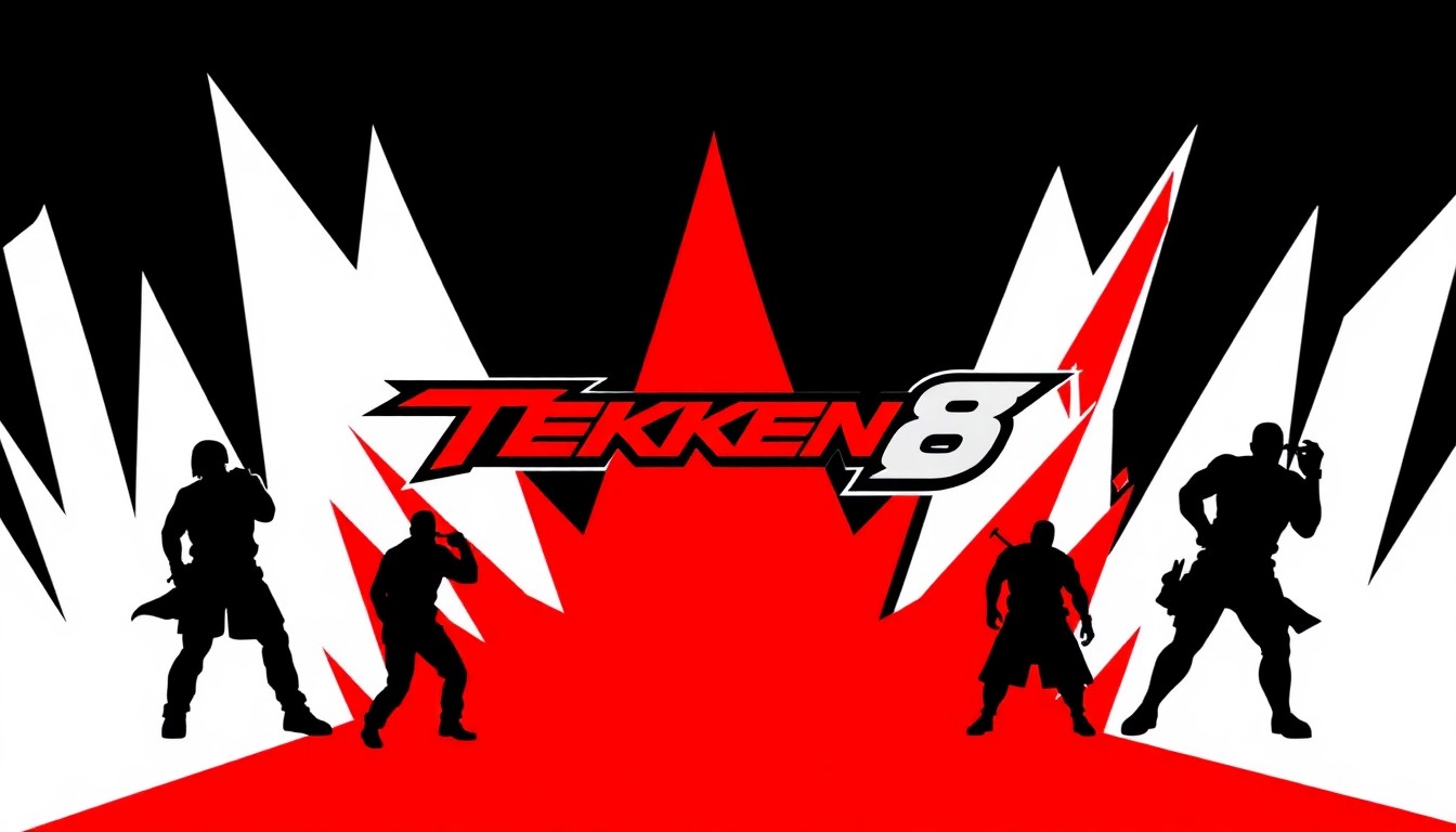 A bold, abstract illustration featuring stark geometric shapes and silhouettes in high-contrast colors, capturing the intense energy and competitive spirit of the Tekken 8 tournament at Evo France 2025.