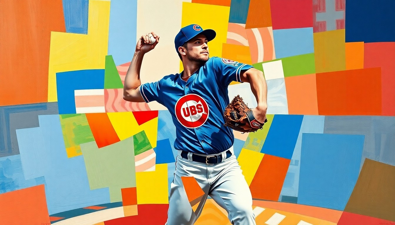 A cubist-style painting depicting a baseball pitcher's motion broken down into fragmented, geometric shapes and planes in the colors of the Chicago Cubs' uniform.