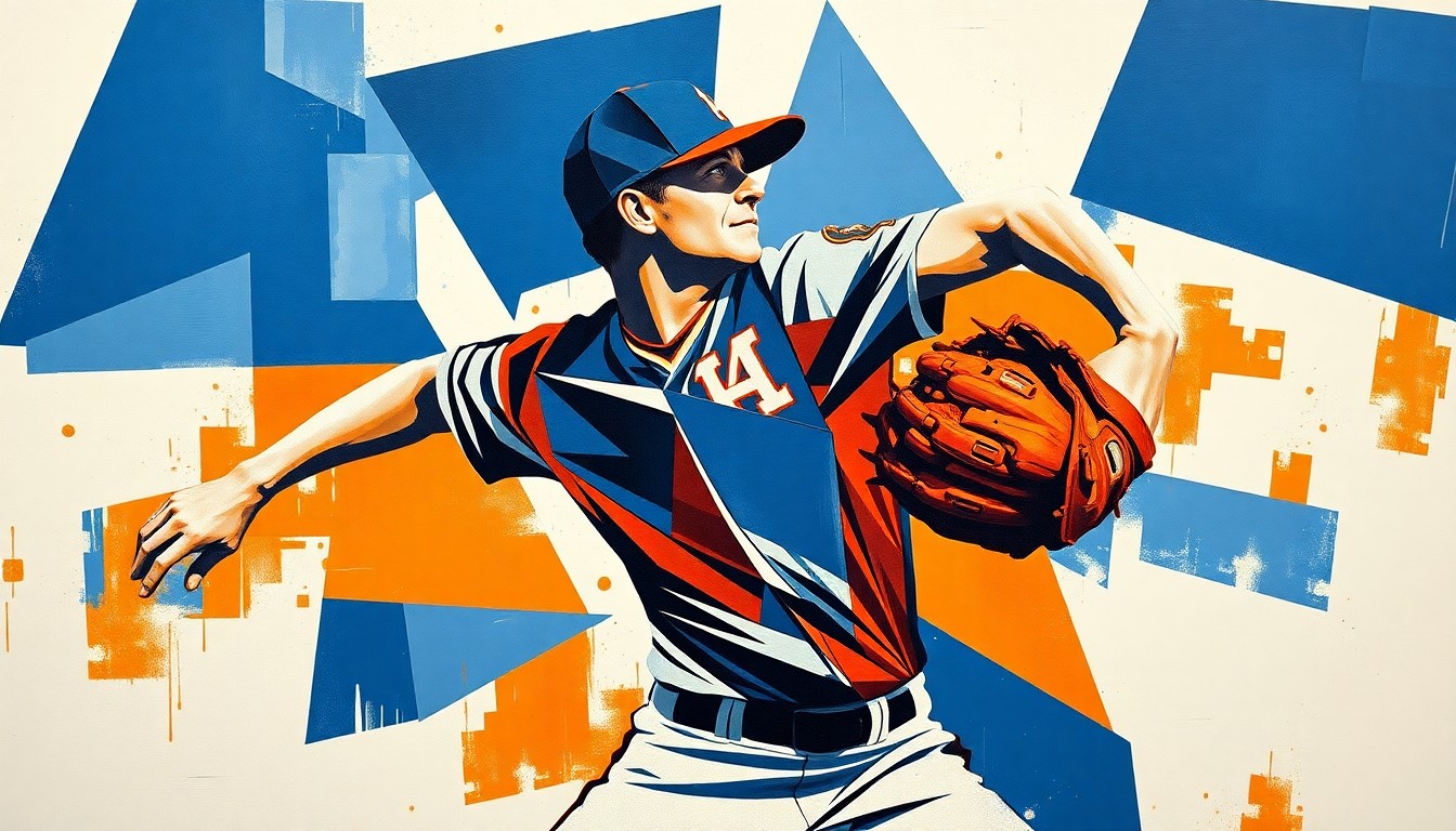 A fragmented, geometric painting depicting a baseball pitcher's delivery from multiple angles, with sharp planes of navy blue, orange, and white representing the motion and energy of the sport.