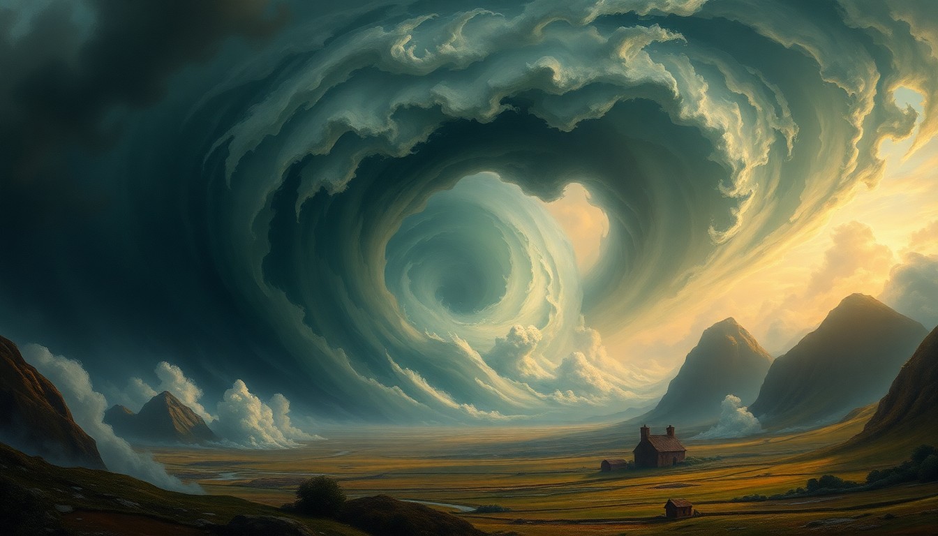 A vast, majestic landscape painting depicting a massive, swirling hurricane vortex dominating the scene, dwarfing any physical structures or objects caught within it, conveying the overwhelming, sublime scale of the natural disaster.
