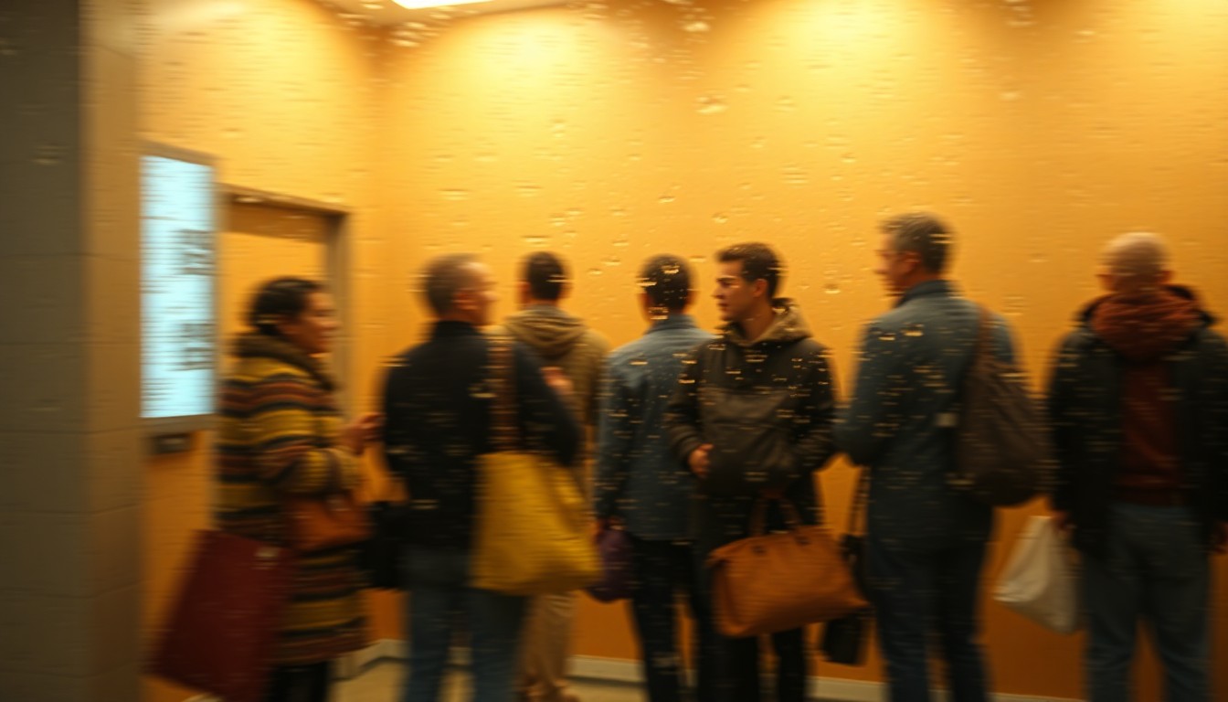 An abstract, impressionistic scene of blurred figures waiting in line, conveying the challenge of finding public restrooms in a crowded city.