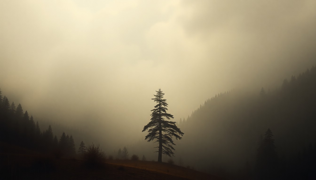 A sweeping, atmospheric landscape painting in muted, earthy tones, featuring a dramatic, fog-shrouded forest scene with a single, solitary tree in the foreground, conveying a sense of melancholic grandeur and the sublime power of nature.