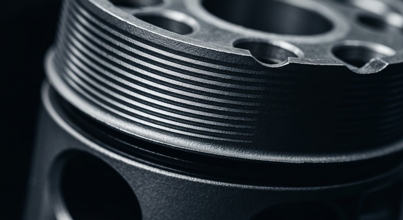 An extreme close-up of the raw, textured surface of a high-performance car engine component, captured in dramatic lighting and muted colors to convey the precision and craftsmanship of automotive engineering.