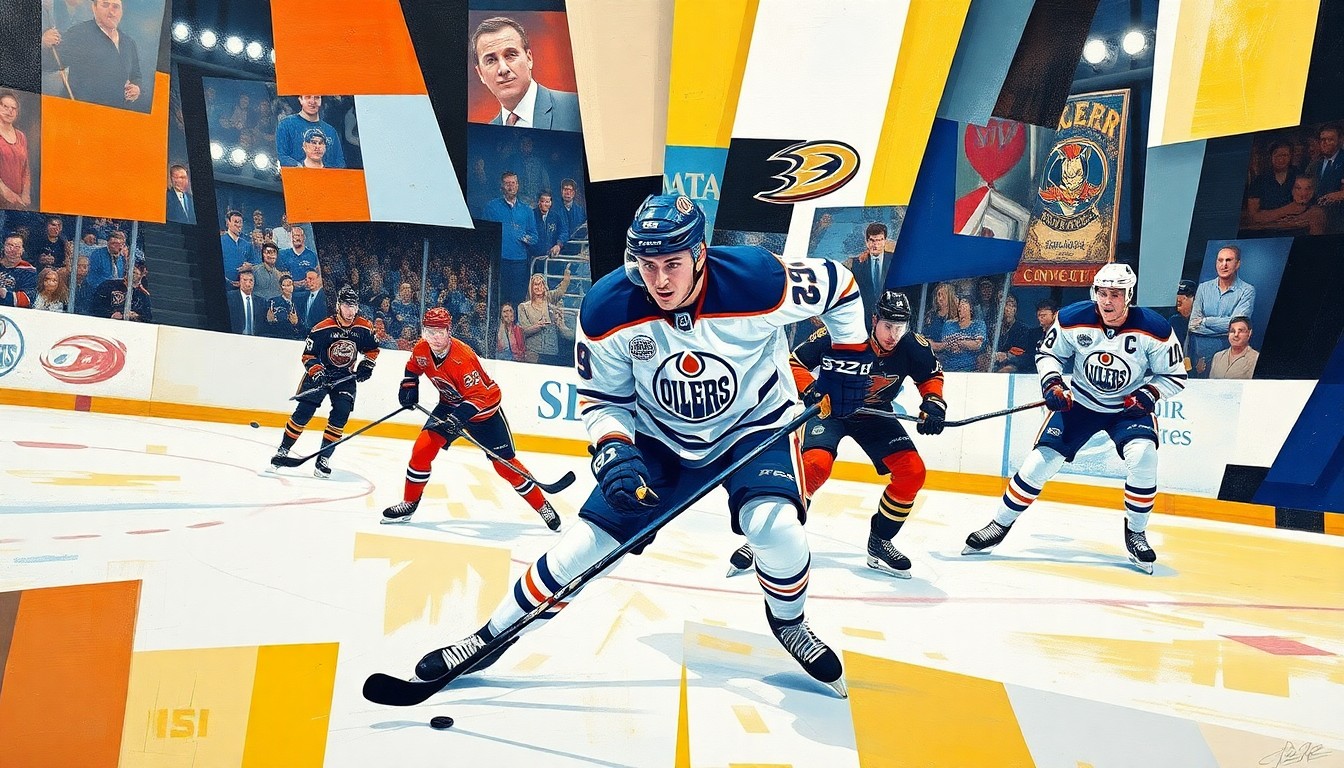 A cubist, geometric painting depicting the dynamic action of a hockey game, with the Oilers' Leon Draisaitl as the central figure, his movements fractured and abstracted into sharp, overlapping planes of color.