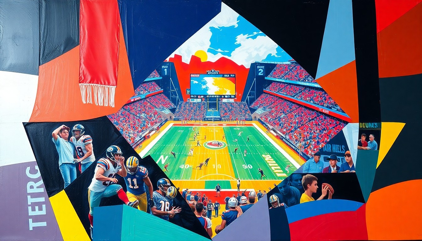 A cubist, geometric painting depicting a football game or match, with sharp, overlapping planes of color representing the players and action on the field.