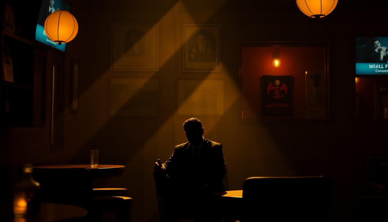 A cinematic painting in the style of Edward Hopper, depicting a solitary figure of a government official sitting alone in a dimly lit bar, with warm, diagonal sunlight and deep shadows creating an air of melancholy and introspection.