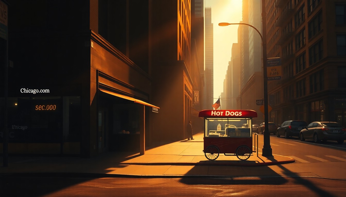 A photorealistic painting of a solitary hot dog cart on a Chicago street corner, with warm sunlight casting deep shadows across the scene, capturing the quiet, cinematic mood of the city.