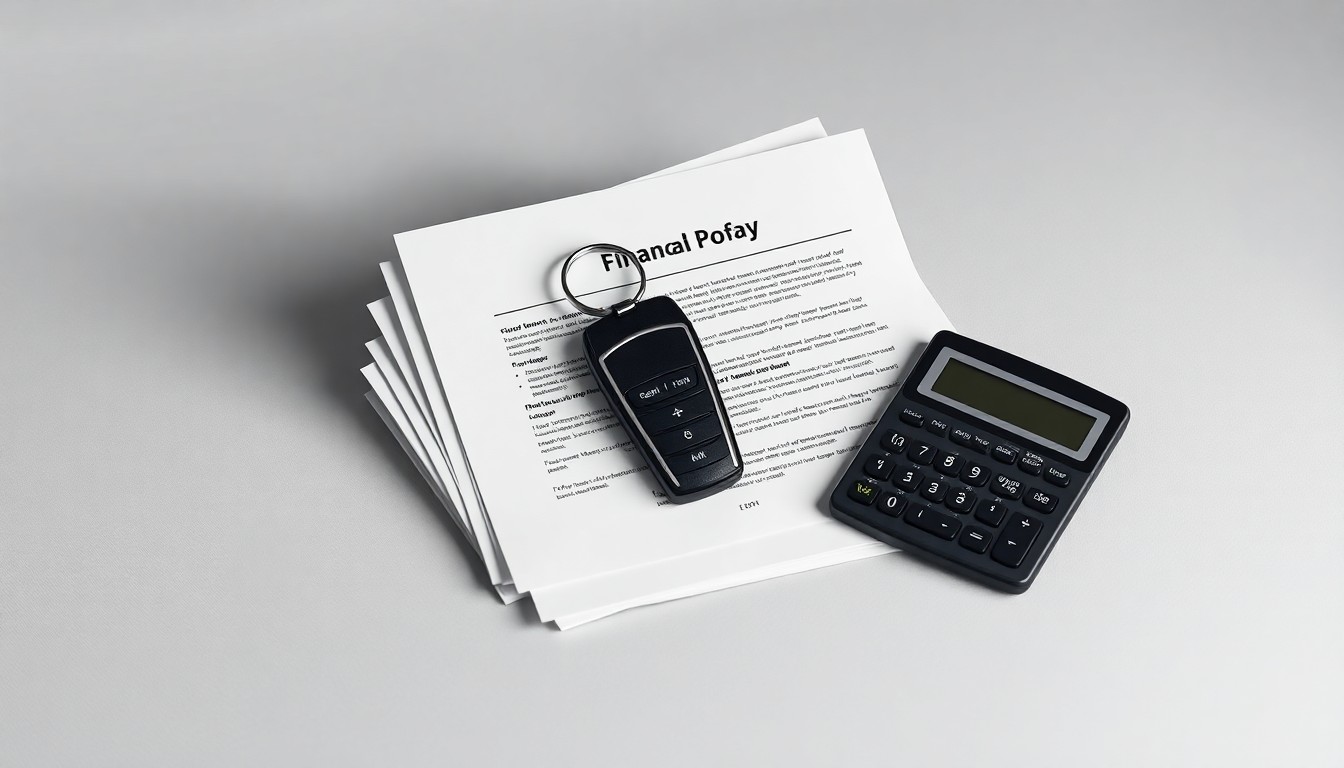 A minimalist studio still life featuring a modern RV key, loan documents, and a calculator, conveying the precision and strategy required for RV financing.