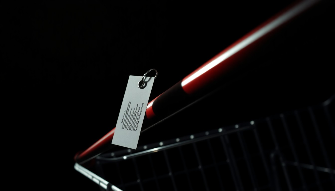 An extreme close-up photograph of a shopping cart handle with a security tag attached, the harsh flash lighting creating a stark, gritty, investigative aesthetic without any words or text.