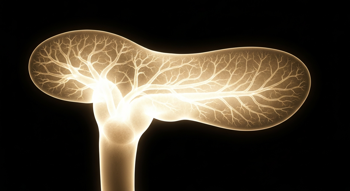 A highly detailed, translucent X-ray image revealing the internal structure of a human pancreas, with a slightly enlarged appearance suggesting the presence of a tumor.