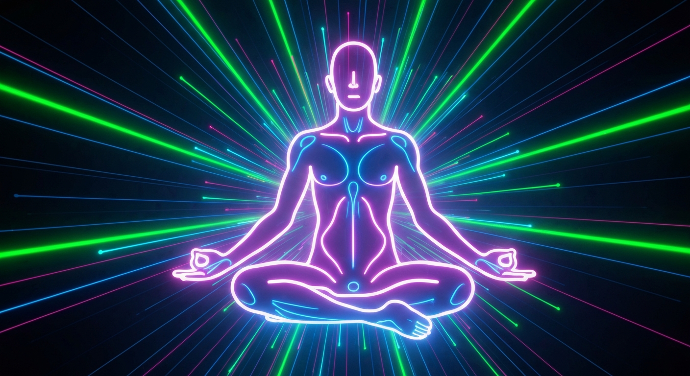 A glowing neon outline of a human figure in a meditative pose, surrounded by pulsing, vibrant lines of neon green, blue, and pink, conceptually representing the mental health crisis in Miami and the urgent need for improved access to services.