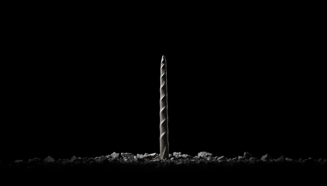An extreme close-up photograph of a single railroad spike against a pitch-black background, conveying the stark, gritty, and investigative nature of the tragic incident.