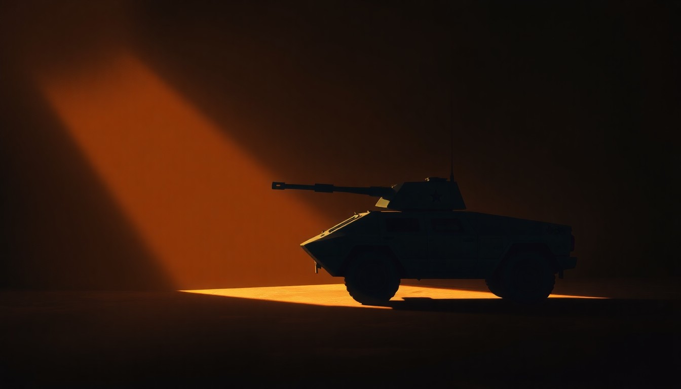 A serene, photorealistic painting of a military vehicle or weapon in a dimly lit urban setting, bathed in warm, dramatic lighting that casts long shadows, conveying a sense of quiet contemplation and the weight of political tensions.