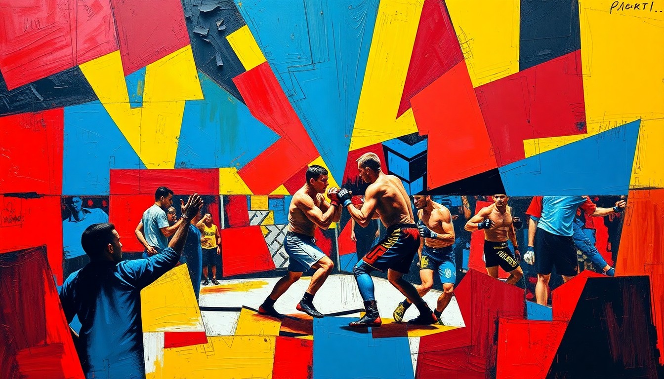 A cubist-style painting featuring fragmented, overlapping geometric shapes in vibrant colors, representing the chaotic and unpredictable nature of a UFC fight between two fighters.