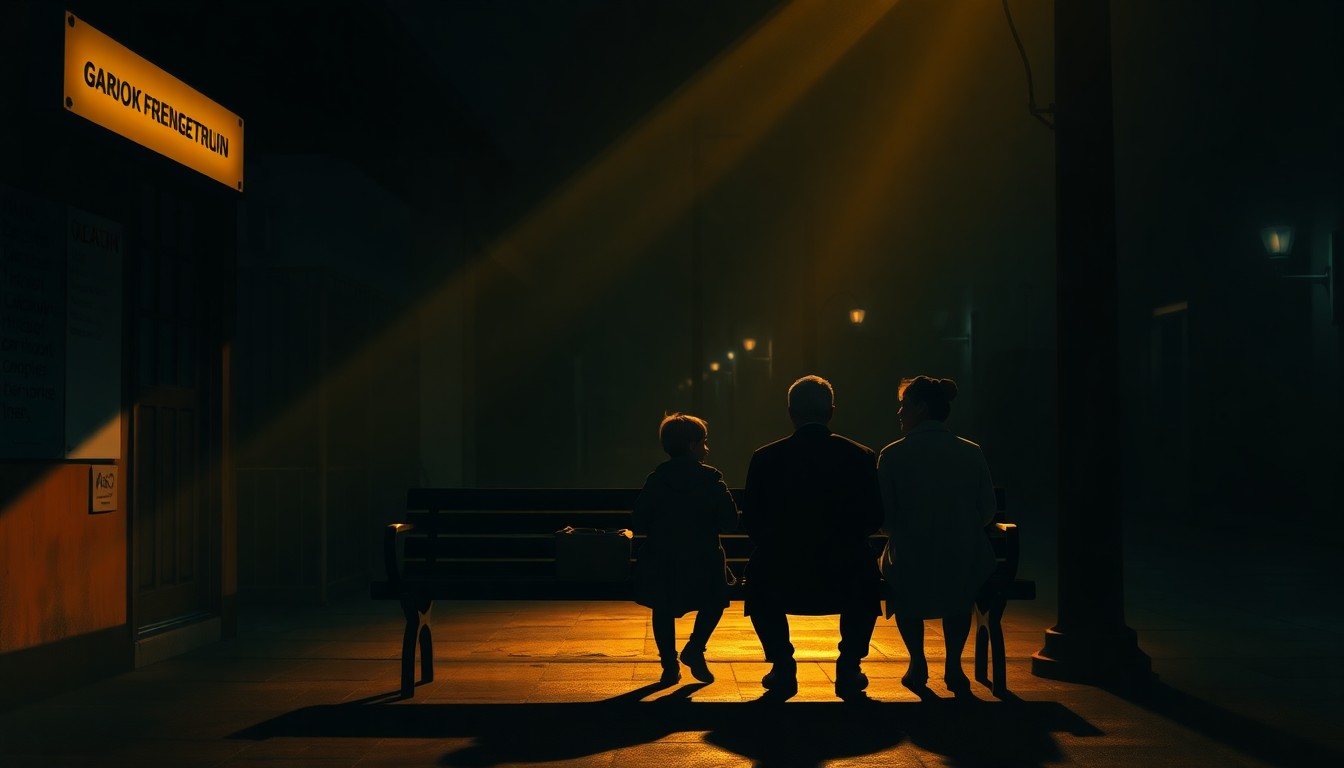 A cinematic painting depicting an immigrant family sitting on a bench in a dimly lit urban setting, with warm sunlight and deep shadows creating a contemplative, nostalgic mood.