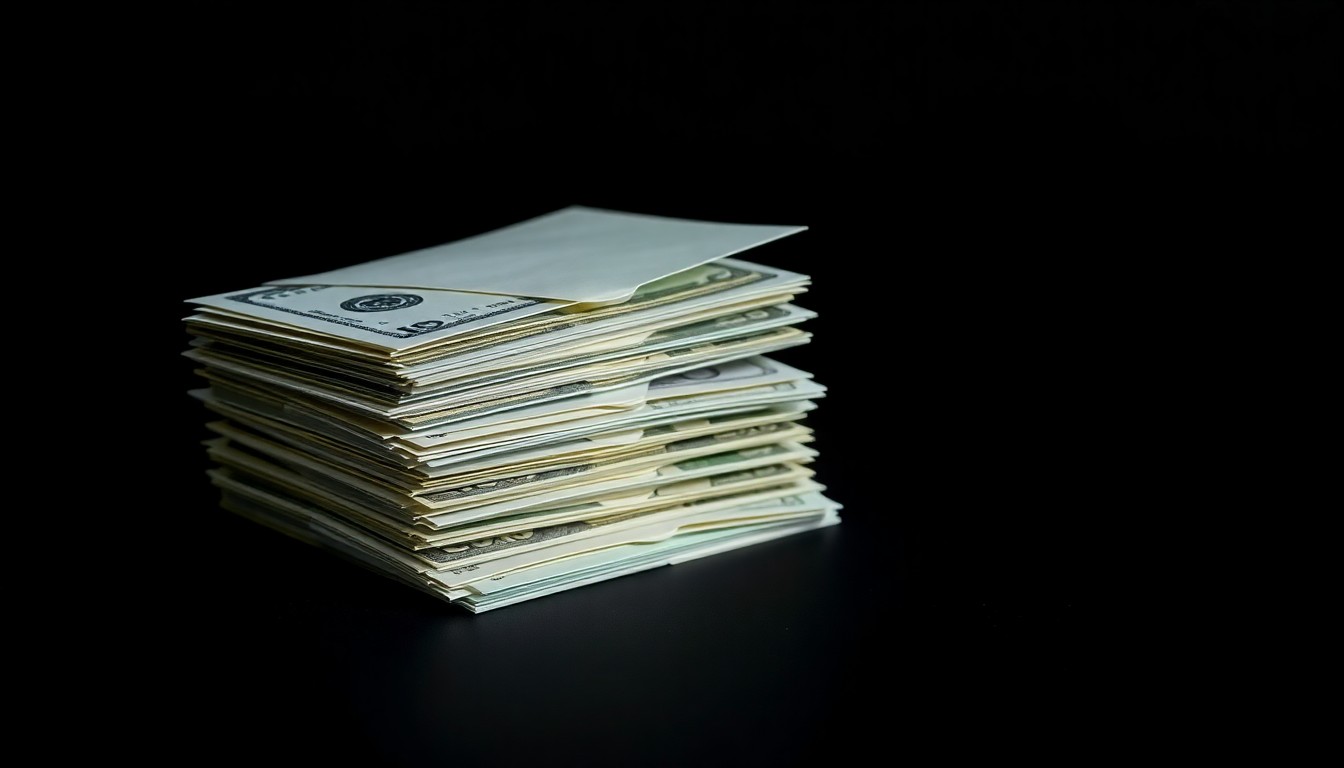 An extreme close-up photograph of a stack of cash-filled envelopes on a dark background, lit by a harsh, direct camera flash, conceptually illustrating the use of cash to conceal the origins of illicit funds in real estate transactions.