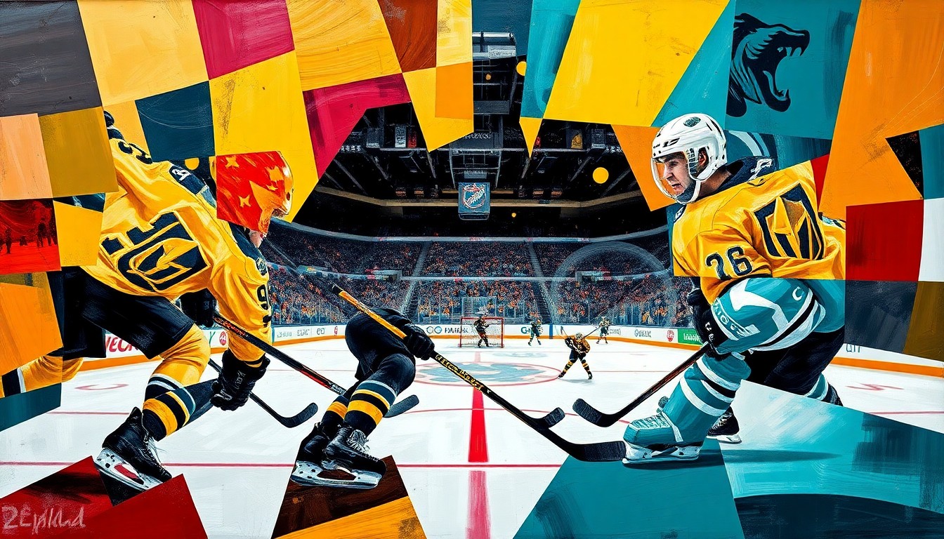A fractured, cubist-style painting depicting a hockey game between the Vegas Golden Knights and Utah Mammoth, with the players and action broken down into sharp, overlapping geometric shapes and planes in a vibrant color palette.