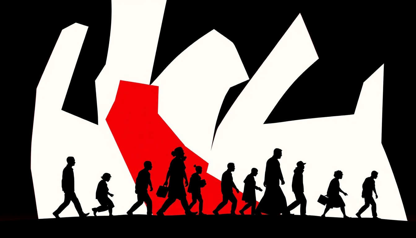 A striking abstract composition of jagged geometric shapes in bold red and black, conceptually representing the themes of displacement, migration, and the resilience of the Black community.
