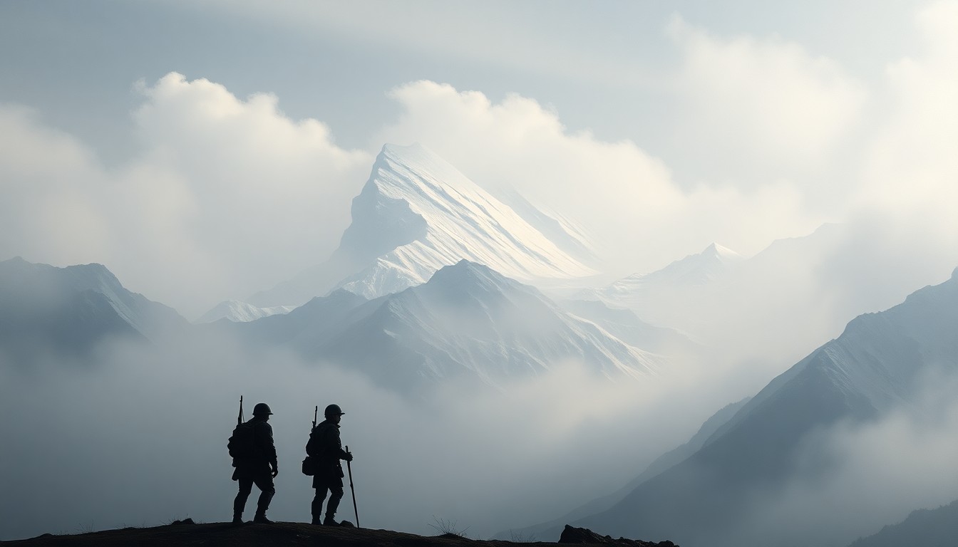 A dramatic, atmospheric landscape painting in muted tones of grey, white, and blue, depicting a snow-capped mountain range shrouded in heavy fog. In the foreground, the silhouettes of two small figures can be seen, dwarfed by the overwhelming scale of the natural environment.
