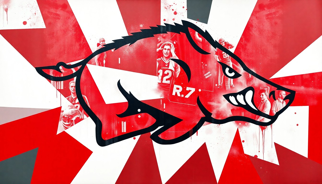 A fragmented, geometric painting in shades of red, white, and grey, breaking down the Arkansas Razorbacks logo and sports imagery into sharp, overlapping planes, conveying an analytical, multi-perspective approach to coverage.
