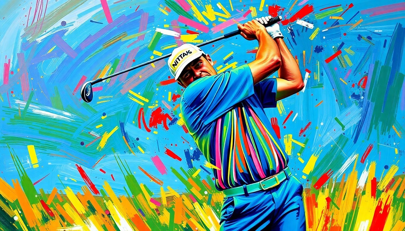 An abstract, energetic painting using bold, neon-colored brushstrokes to depict the forceful motion of a golf club being thrown, conveying the raw emotion and frustration of the moment.